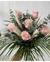6 Roses roses + taille pampas, hauteur en pouces et largeur en pouces.