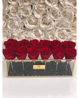 taille des roses éternelles rouges, pouces de hauteur et pouces de largeur.
